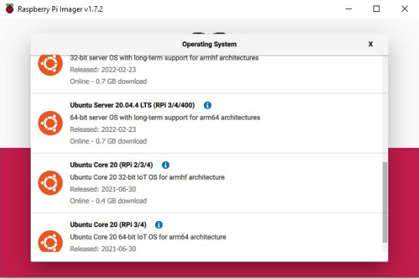 Raspberry Pi Imager - Screen 4 - Choose "Ubuntu Server 20.04 LTS - 64-bit"